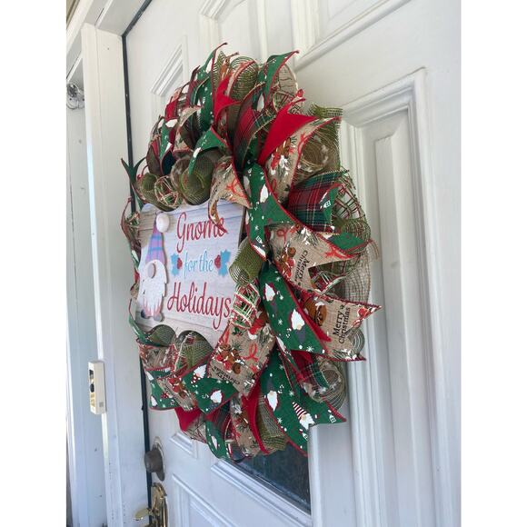 Gnome for the Holidays Deco Mesh Ribbon Christmas Wreath Front Door Hanger - Picture 5 of 7